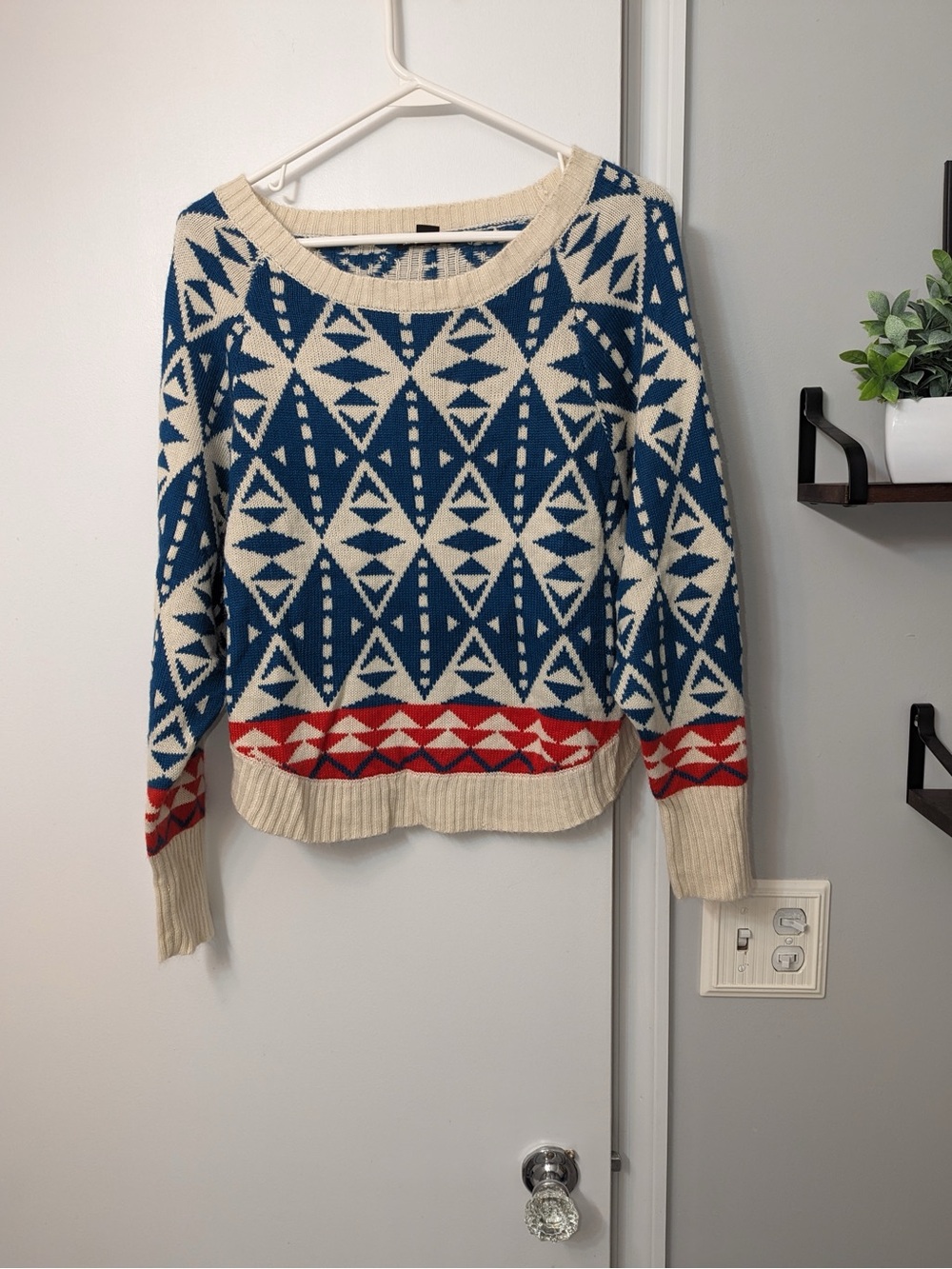 Double Zero Blue, Cream & Red Geometric Knit Scoop Neck Sweater